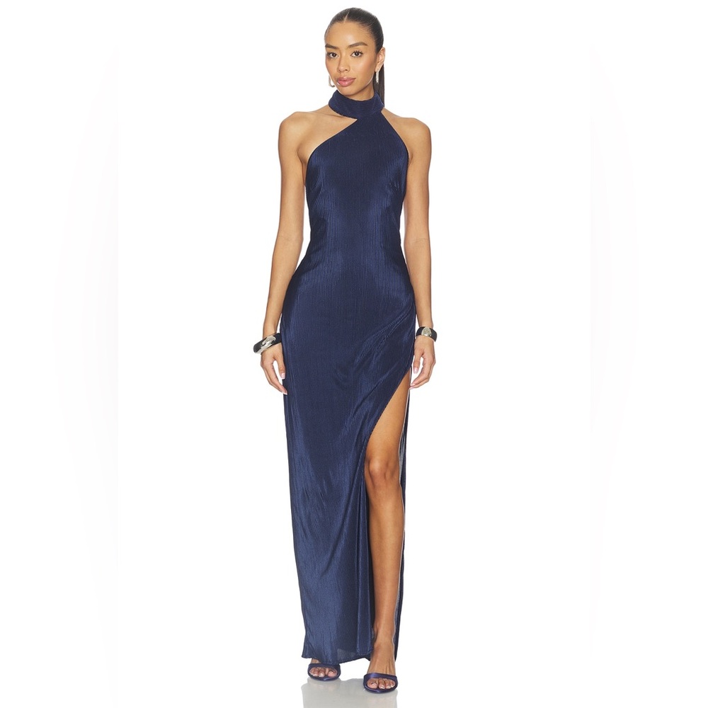 Lovers and Friends S Octavia Gown Navy Blue Pleated Halter